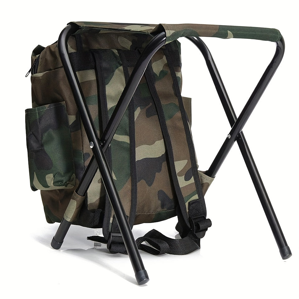 Camouflage folding camping chair with integrated backpack picnic bag and sturdy metal frame. — view 2