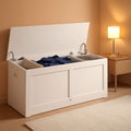 Cloud white entryway storage bench with open lid, revealing spacious interior hidden storage compartment.