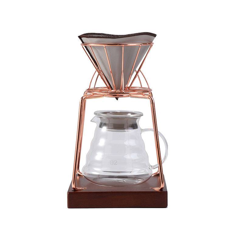 Cold coffee pour over kit featuring stainless steel stand, solid wood base, and glass dripper — view 5