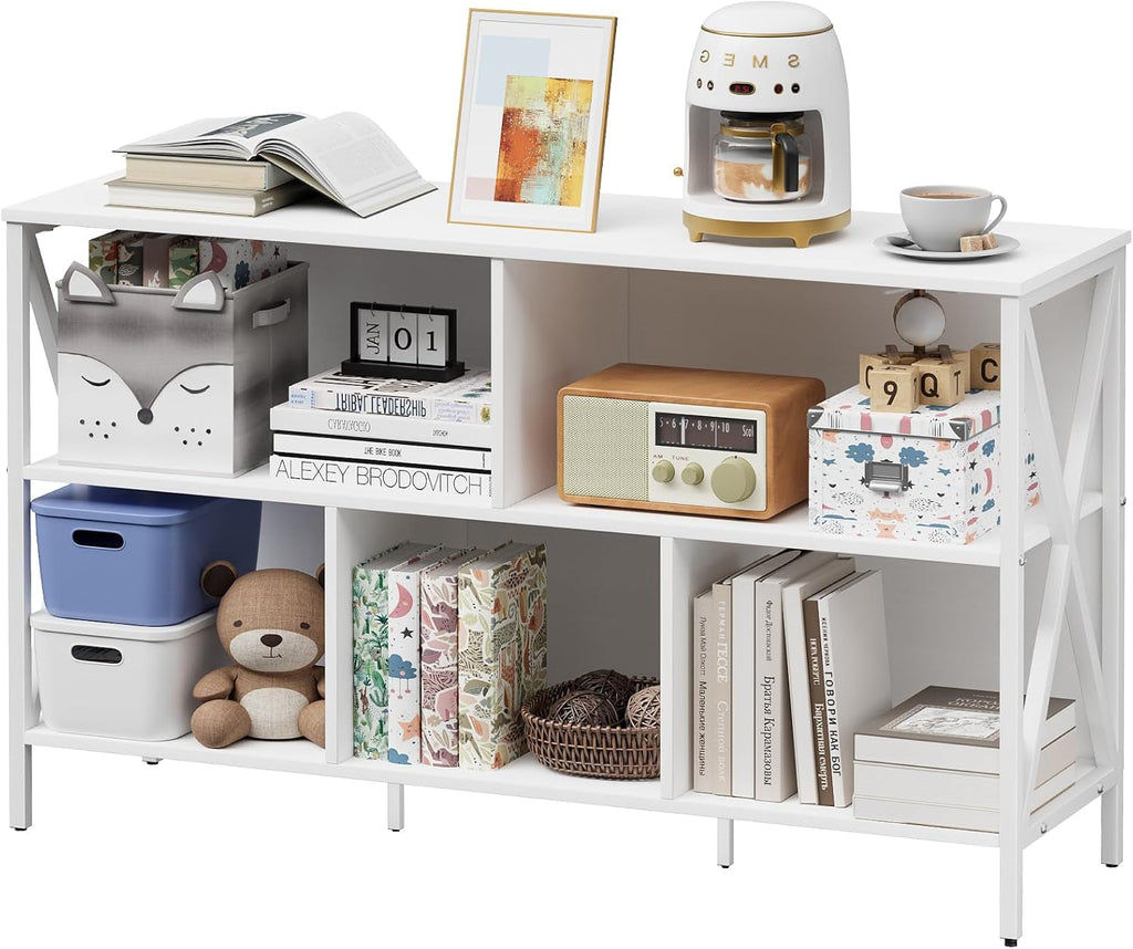 White 5-cube open bookcase with contemporary industrial metal frame and wood-like MDF shelves.