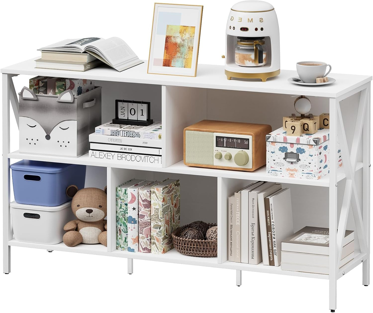White 5-cube open bookcase with contemporary industrial metal frame and wood-like MDF shelves.