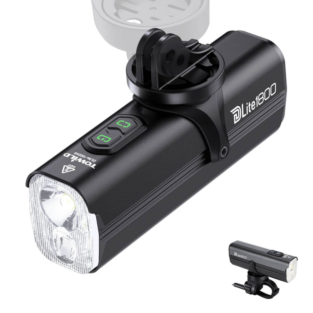 Towild DLite 1800 lumens rechargeable bike front light mounted on a black bicycle handlebar