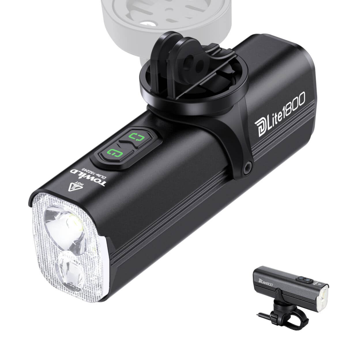 Towild DLite 1800 lumens rechargeable bike front light mounted on a black bicycle handlebar