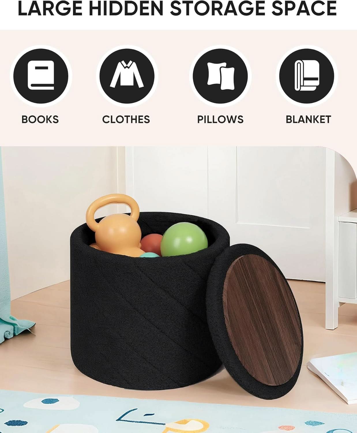 Black teddy boucle round storage ottoman with a wooden tray lid and hidden internal compartment — view 2
