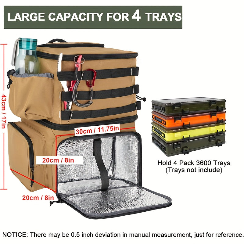 Khaki polyester fishing tackle backpack with integrated rod holders and a built-in cooler compartment. — view 3