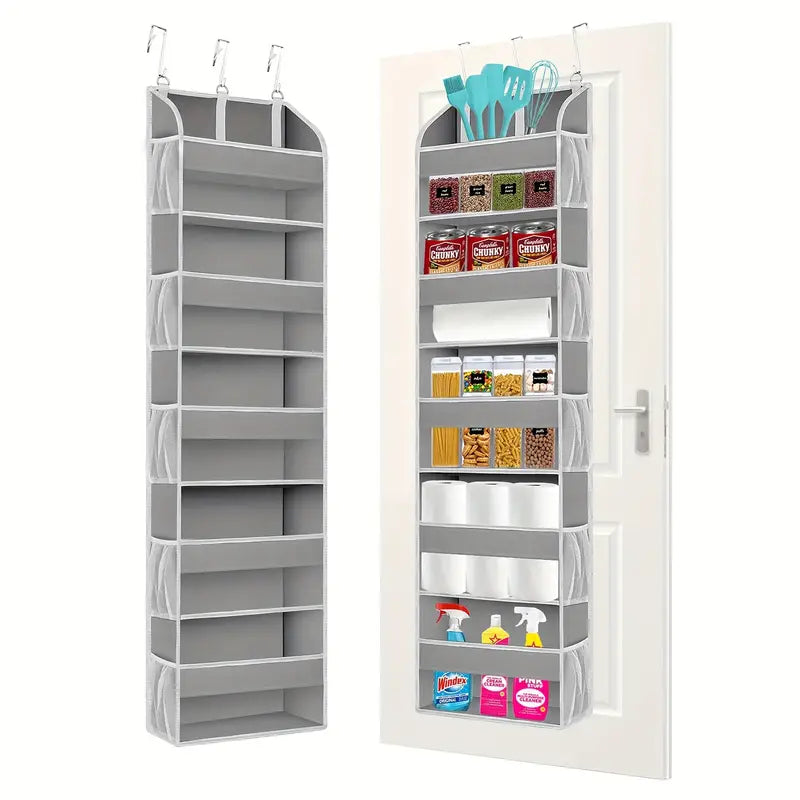 Light gray 5-shelf over-the-door organizer with 10 large side pockets hanging on a white door