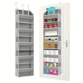 Light gray 5-shelf over-the-door organizer with 10 large side pockets hanging on a white door