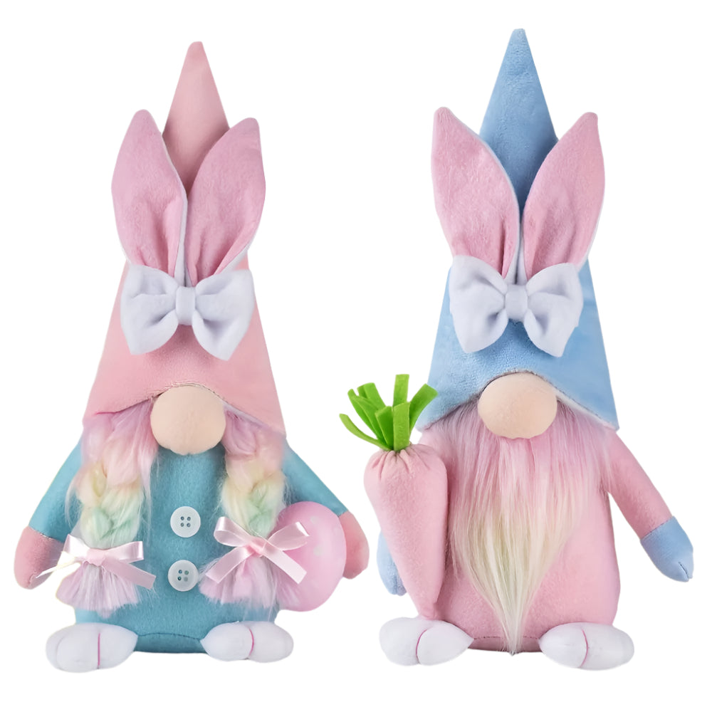 Two soft textile Easter gnome plush toys in vibrant pink and azure colors standing upright