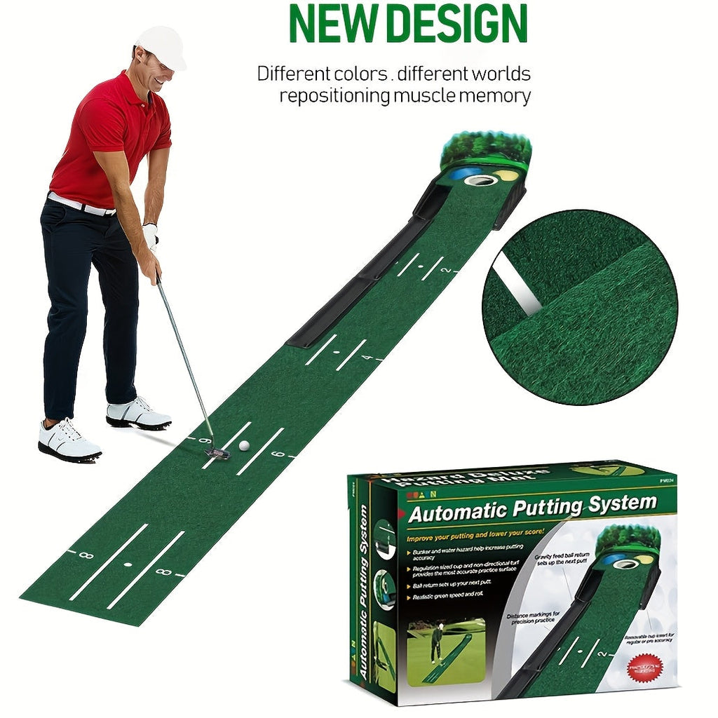 Indoor golf putting mat in green felt with automatic ball return system and durable plastic base — view 4