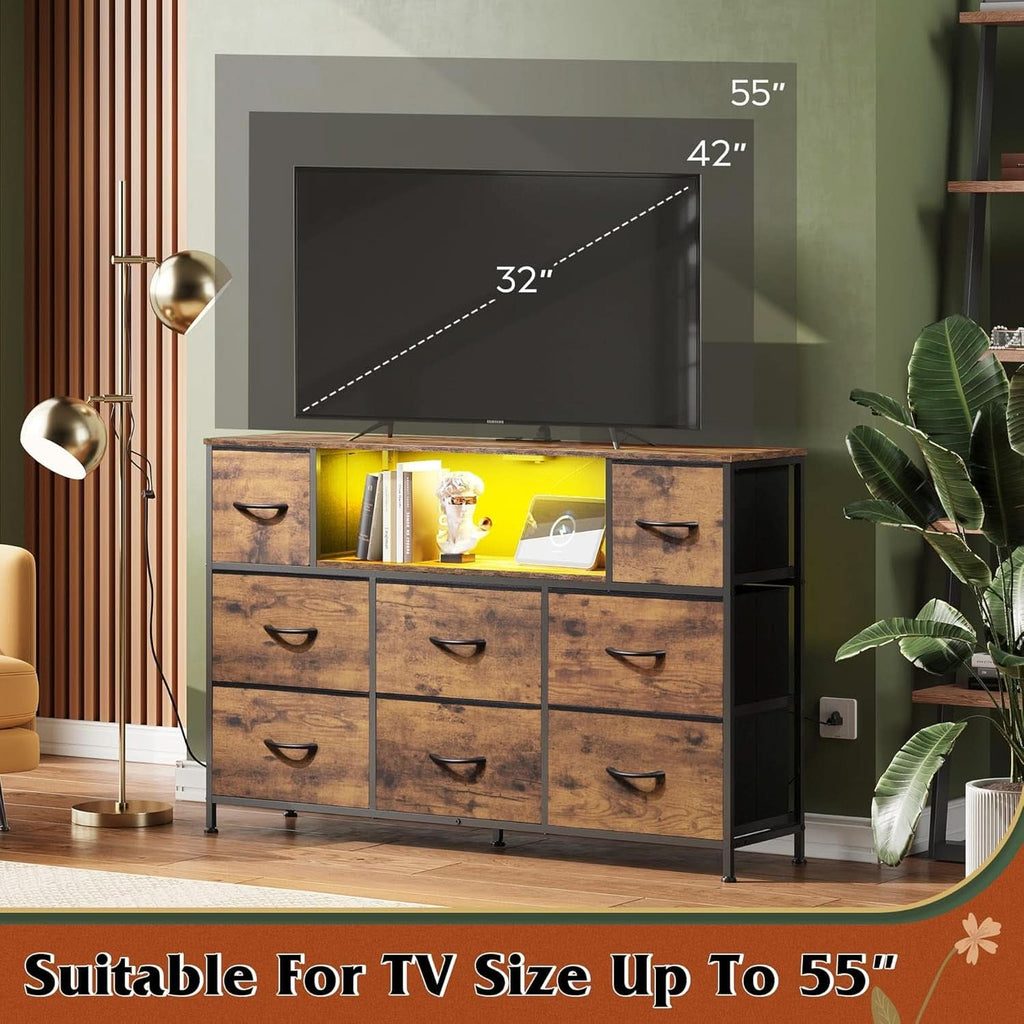 Rustic brown wood grain 8-drawer dresser and TV stand with open shelves and LED lighting — view 4