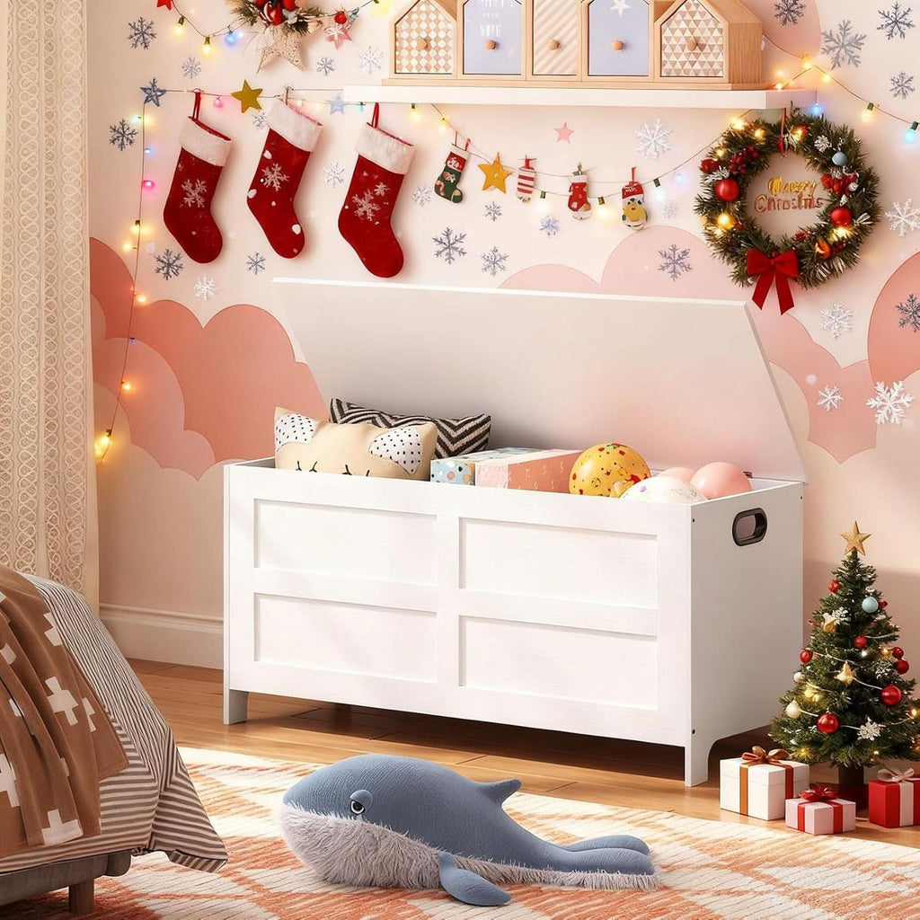White wooden toy storage bench with closed lid, engineered wood seating, and hollow side handles — view 2