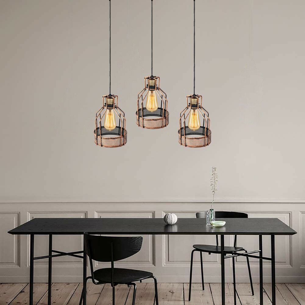 Vintage three head birdcage pendant light in brushed copper finish with hanging cables — view 3