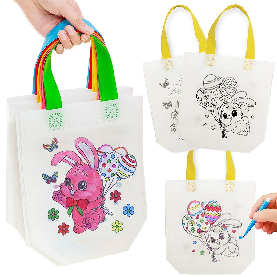Five colorful reusable Easter tote bags featuring cute bunny and egg designs with sturdy carry handles — view 2