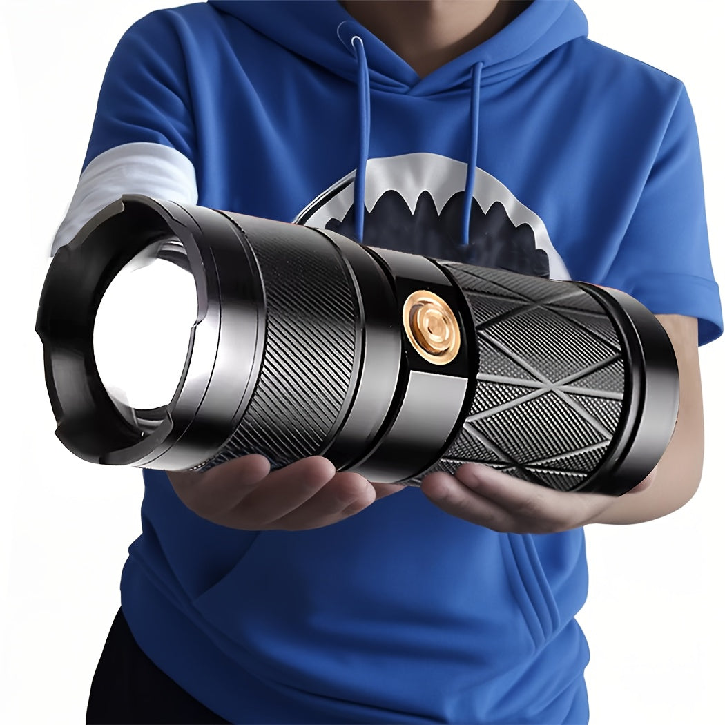 Rechargeable tactical flashlight in black aluminum alloy featuring COB side light and a flat magnetic base — view 5