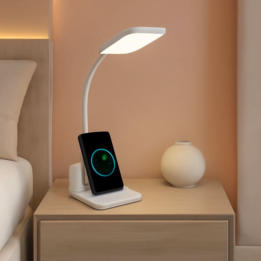 White LED desk lamp with built-in wireless charger pen holder and flexible gooseneck for office organization