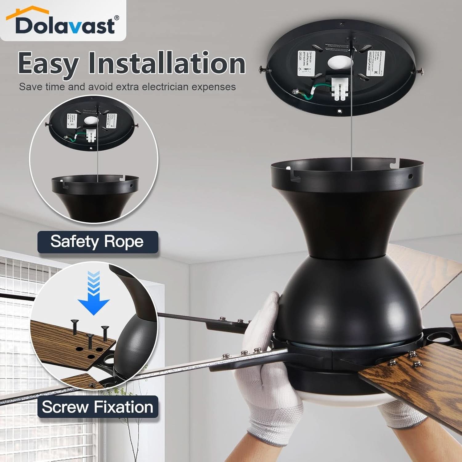 52-inch black smart ceiling fan with dimmable LED light and reversible walnut finish plywood blades — view 3