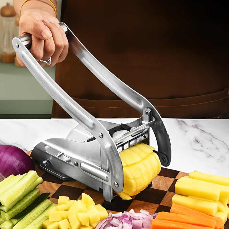 Stainless steel manual vegetable chopper in silvery grey for slicing potatoes and fresh vegetables — view 3