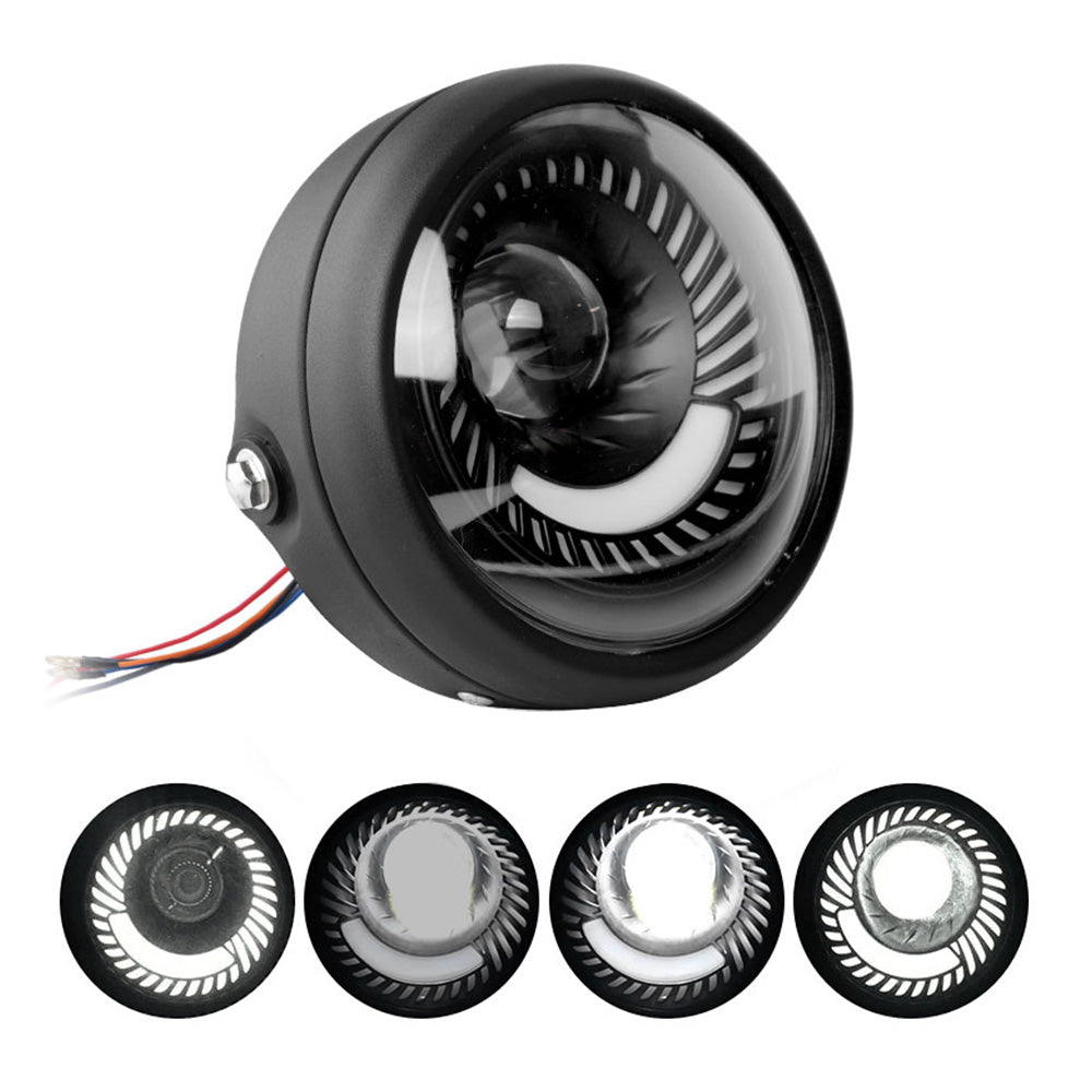6.5-inch round motorcycle LED headlight with durable black metal housing and bright white beam