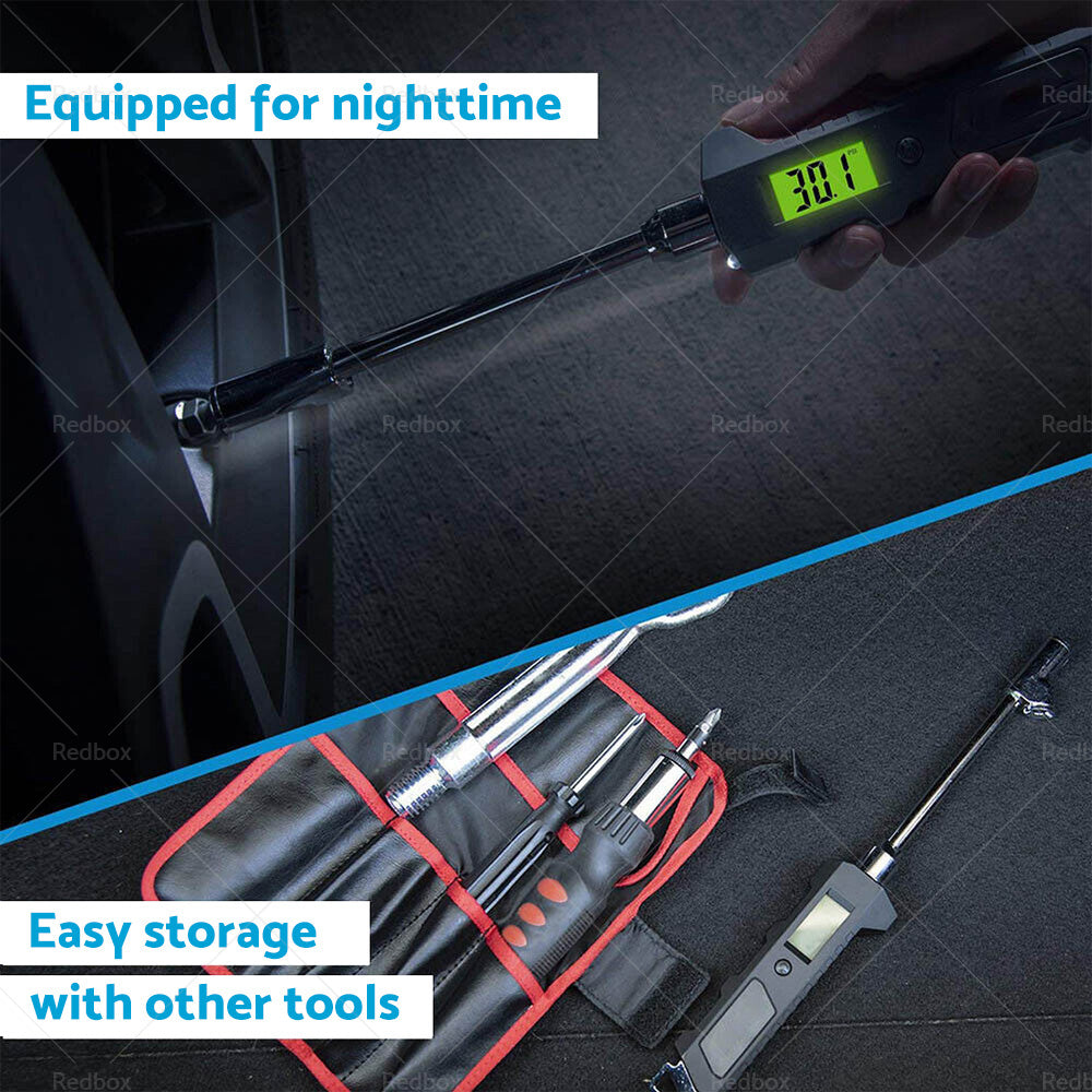 Digital dual-head tire pressure gauge with backlit LCD screen and stainless steel grip — view 5