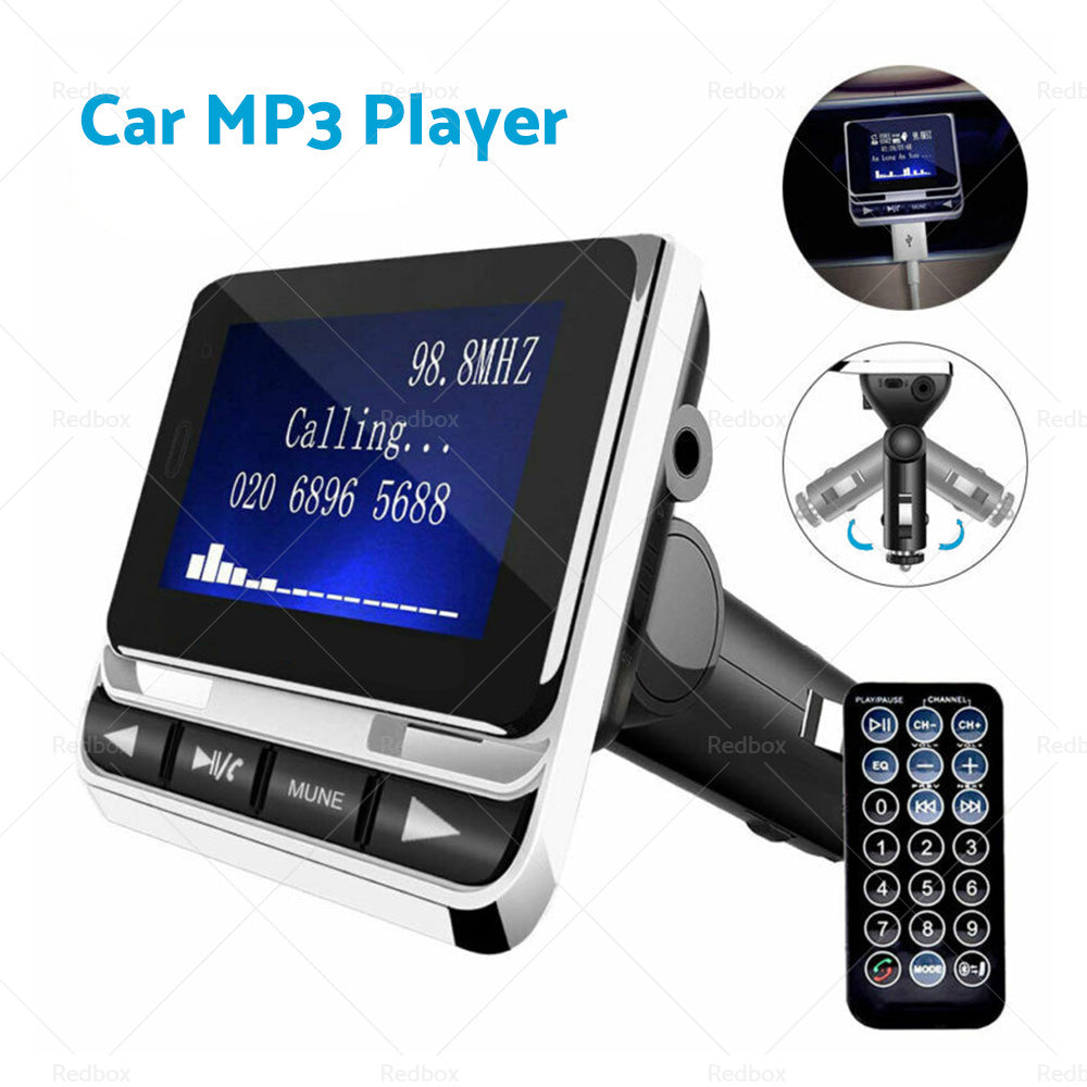 Bluetooth car FM transmitter with LCD screen and remote control plugged into a dashboard — view 5