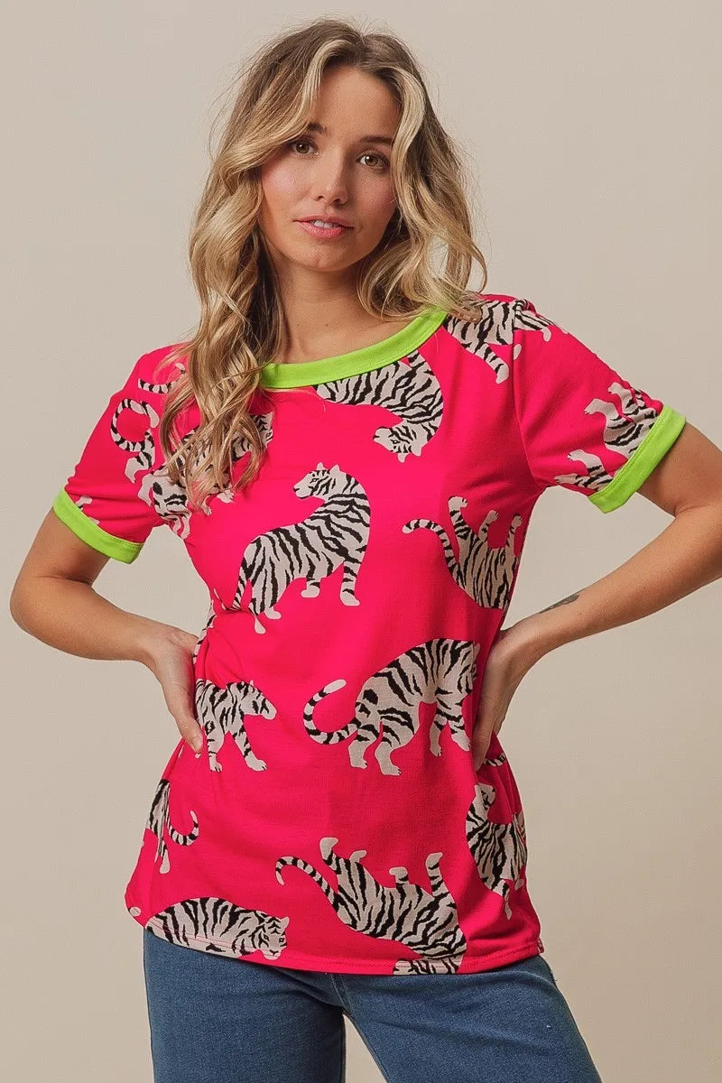 Big Tiger Print Jersey Contrast Ringer Top-4