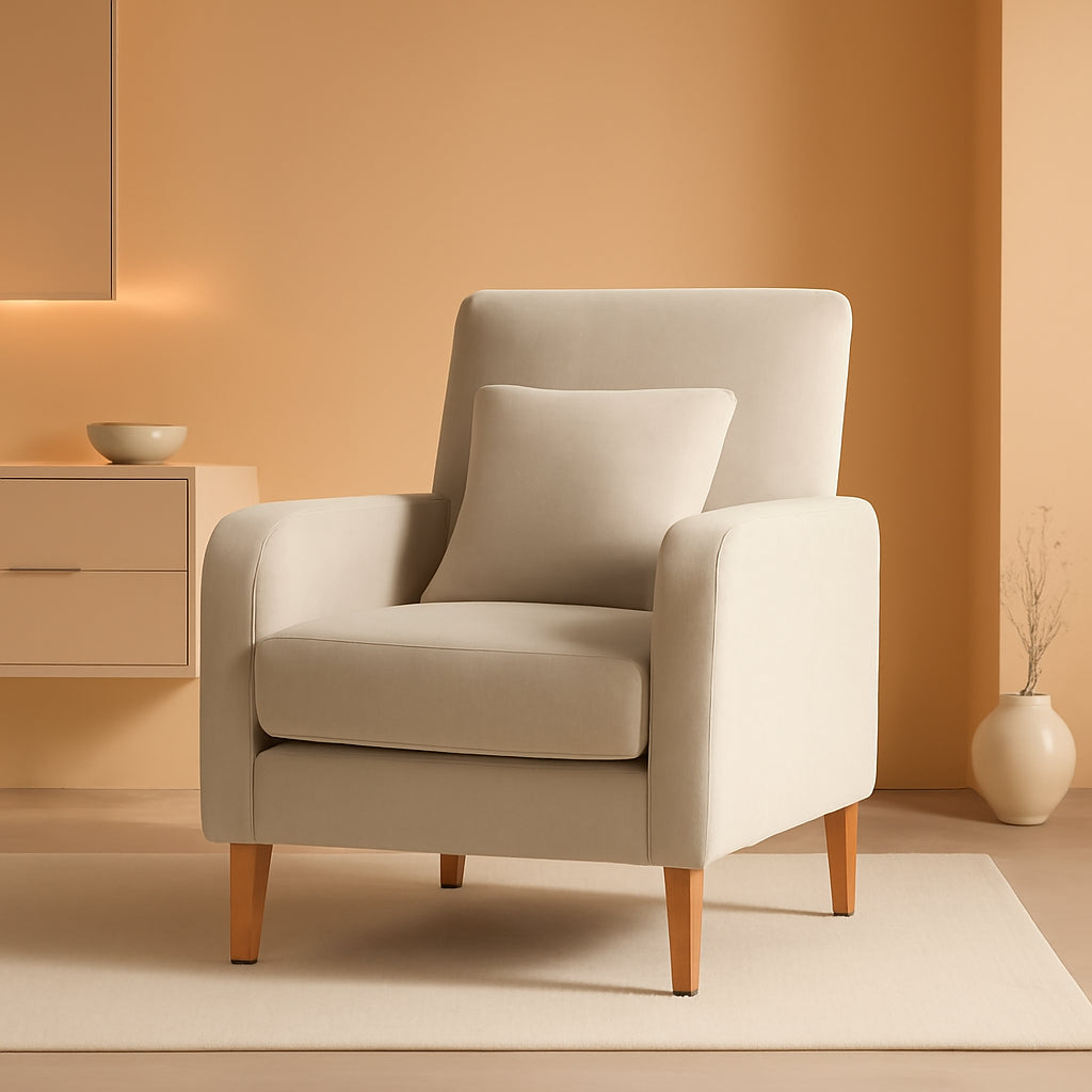 Beige upholstered contemporary accent chair with rubberwood legs and a cushioned lumbar support pillow.