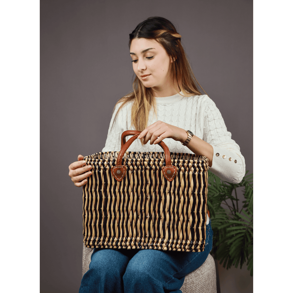 Handwoven Moroccan wicker tote bag with sturdy genuine leather handles for shopping and everyday use — view 3
