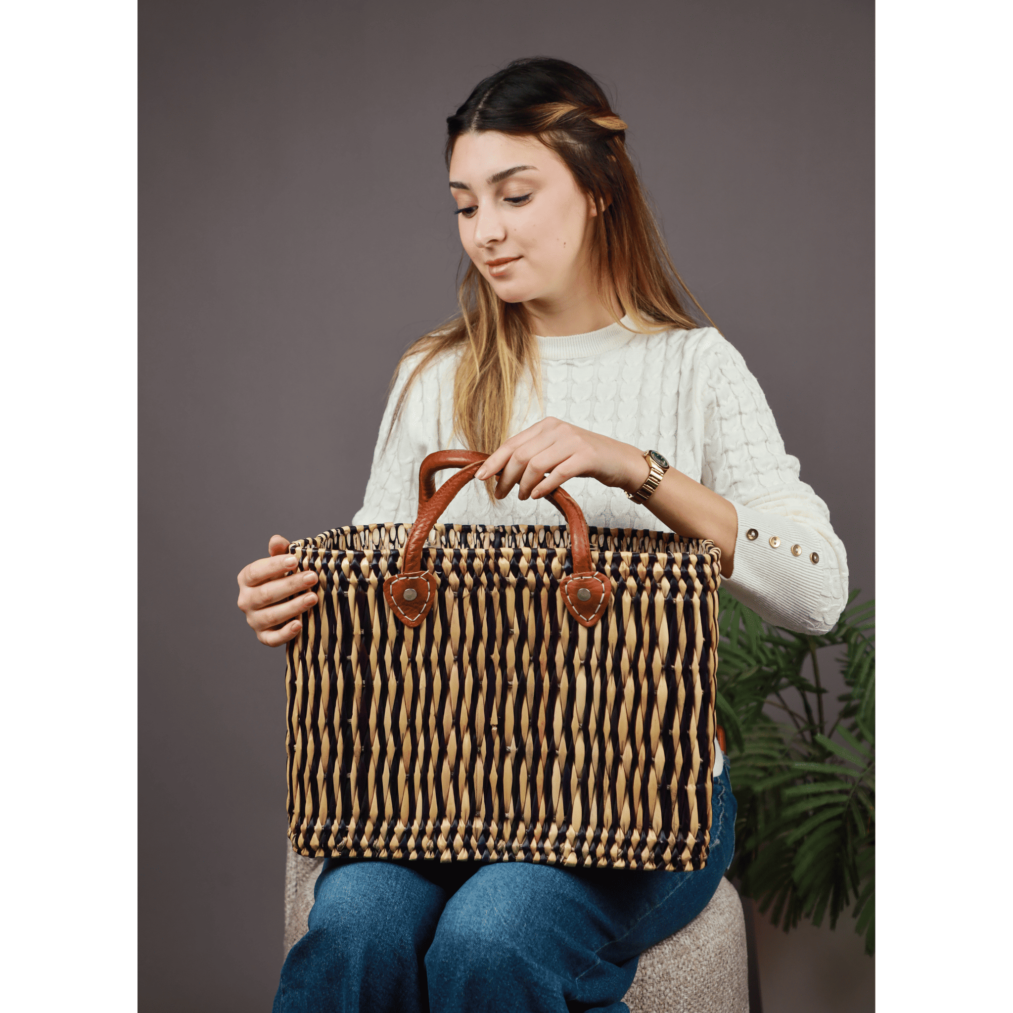 Handwoven Moroccan wicker tote bag with sturdy genuine leather handles for shopping and everyday use — view 3