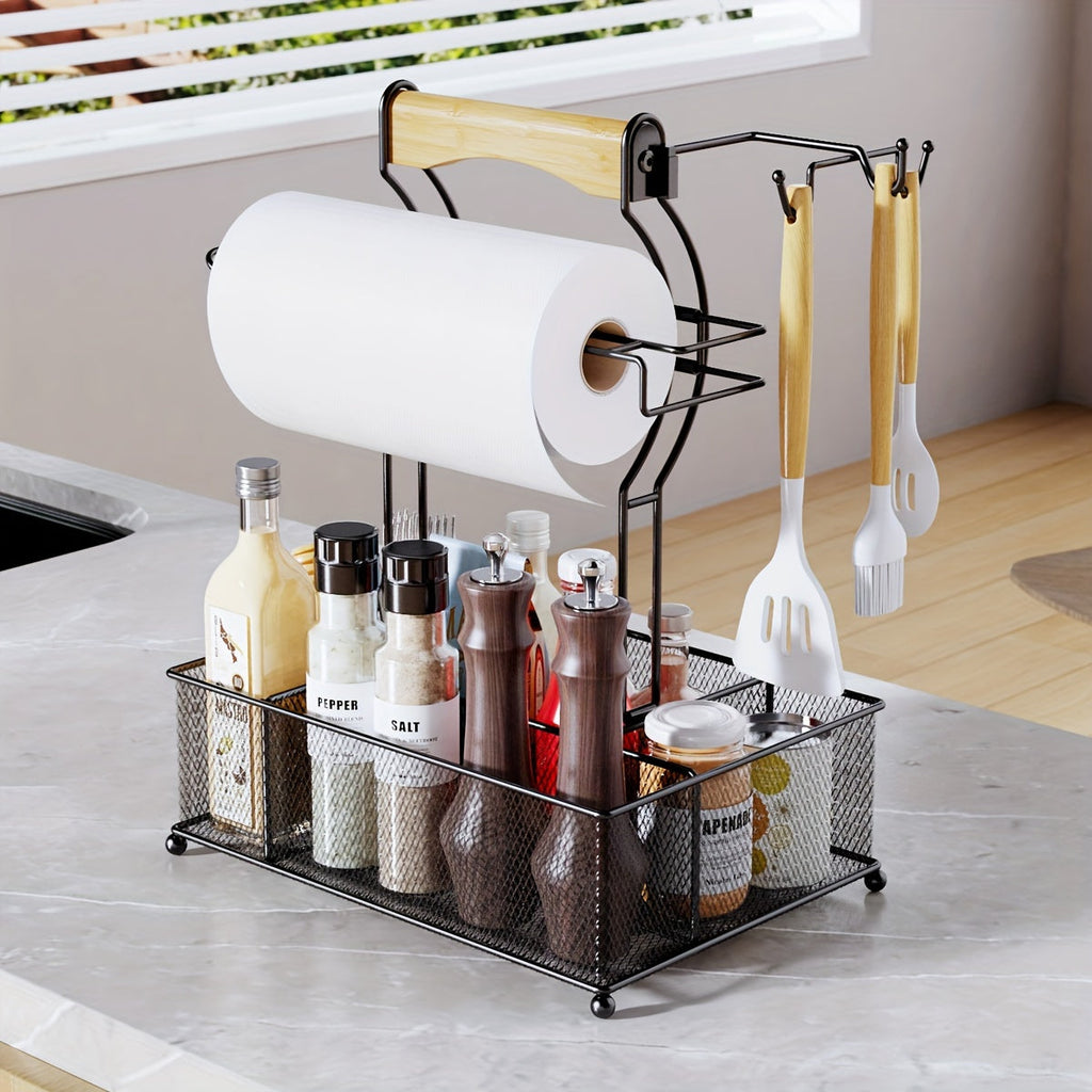 Black metal grill caddy organizer with condiment compartments and a built-in paper towel holder — view 5