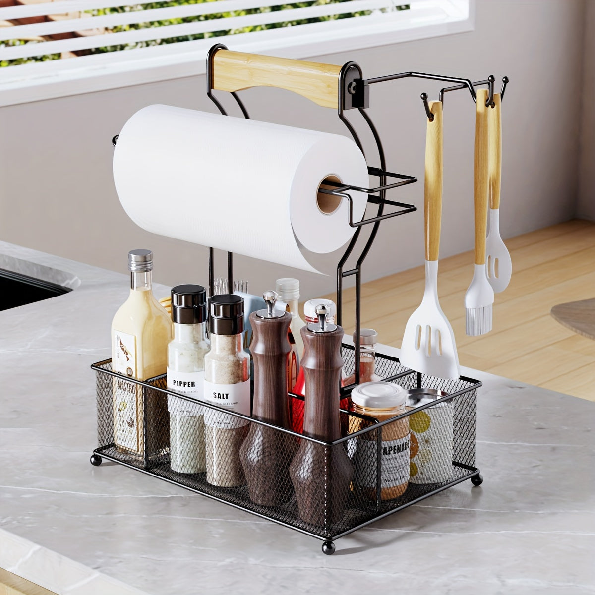 Black metal grill caddy organizer with condiment compartments and a built-in paper towel holder — view 5