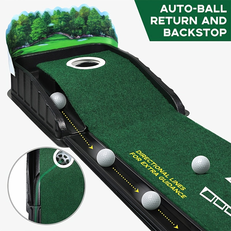 Green indoor golf accelerator putting mat with automatic ball return system and white visual alignment guides — view 2