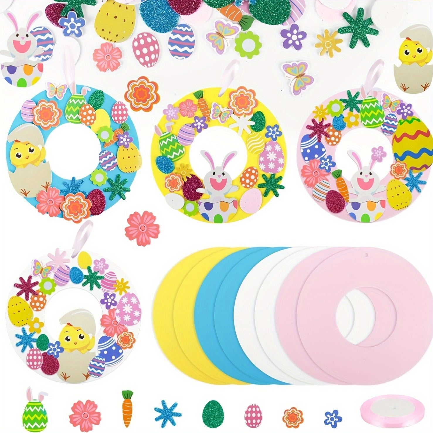 8-piece DIY Easter wreath craft kit with festive bunny and egg decorations for home display — view 3