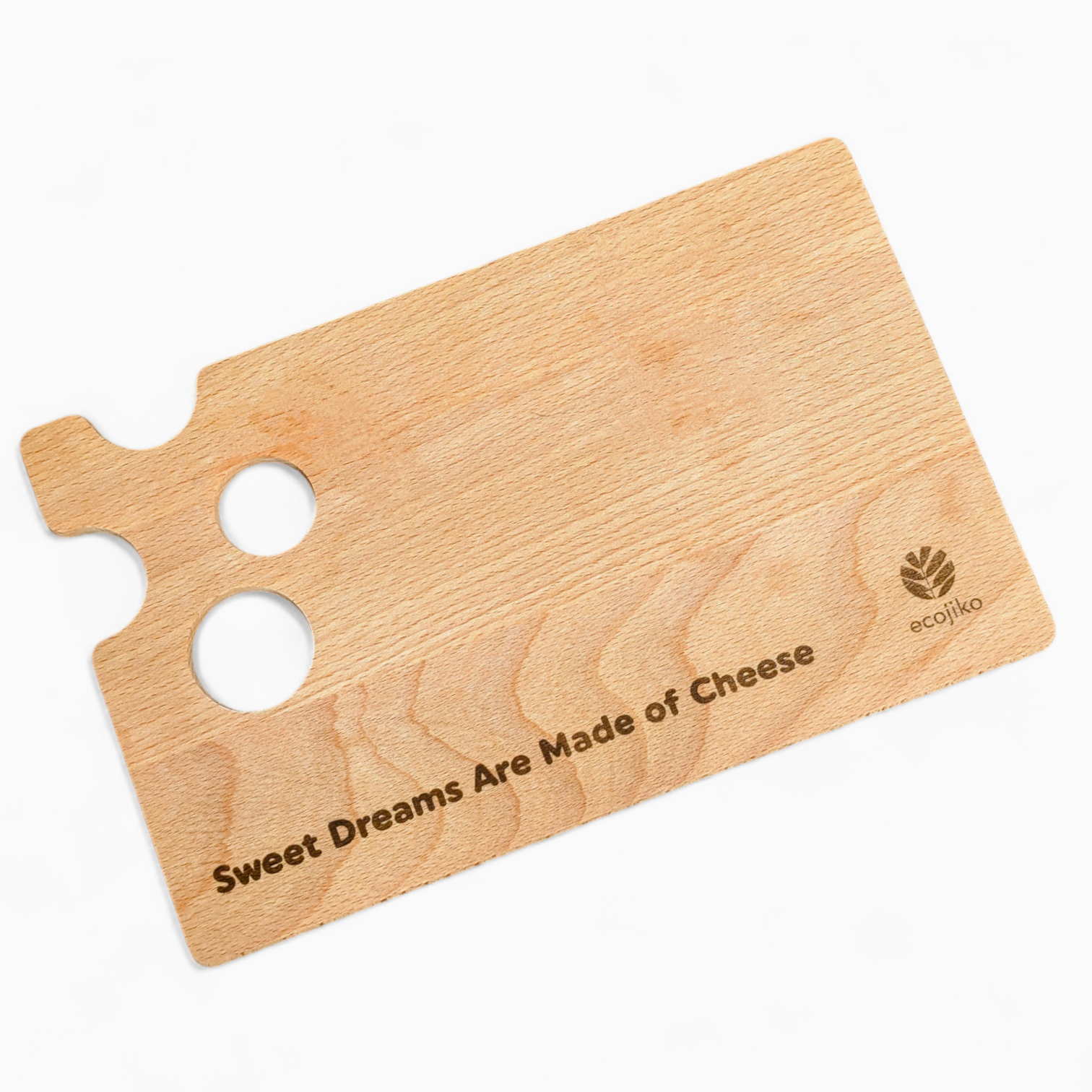 Beech wood cheese board with quirky cutout holes design, resting flat on a table surface