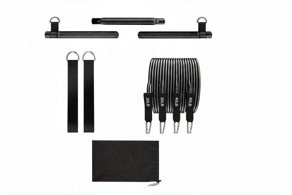 8-piece portable Pilates bar kit with resistance bands and ankle straps in a drawstring carry bag