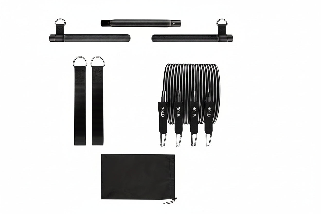 8-piece portable Pilates bar kit with resistance bands and ankle straps in a drawstring carry bag