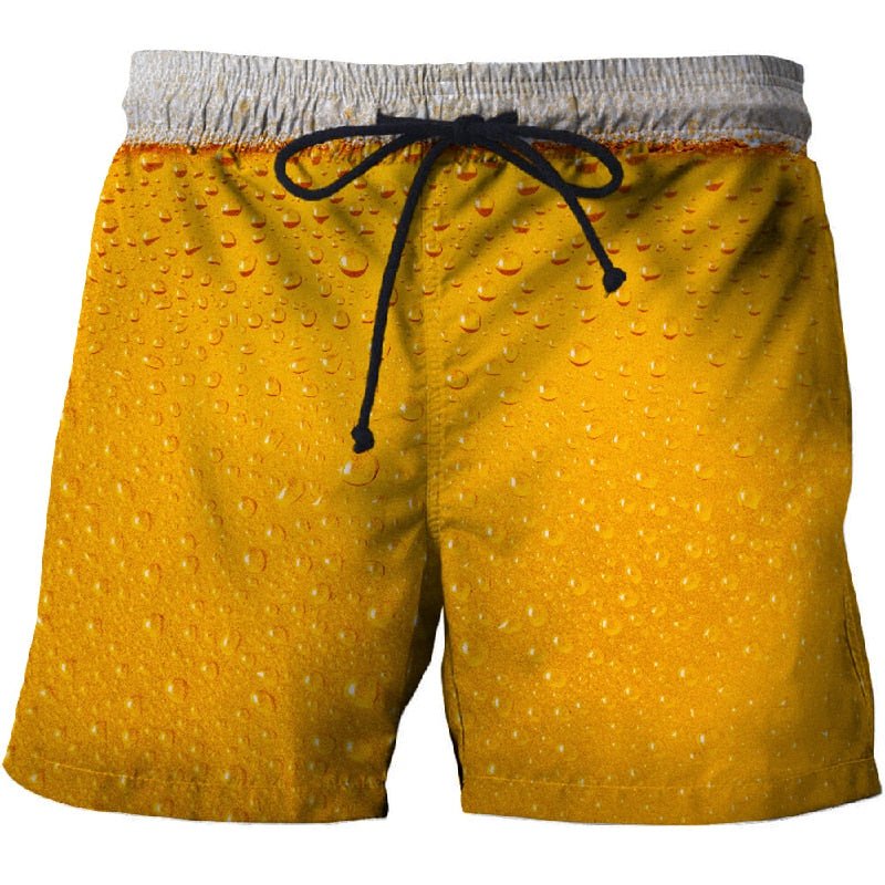 Men's casual beach board shorts featuring a vibrant beer print pattern in quick-dry polyester fabric — view 5