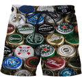 Men's casual beach board shorts featuring a vibrant beer print pattern in quick-dry polyester fabric