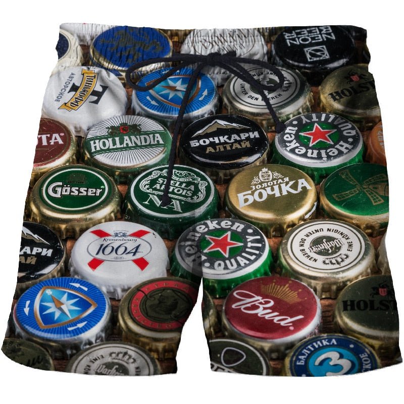 Men's casual beach board shorts featuring a vibrant beer print pattern in quick-dry polyester fabric