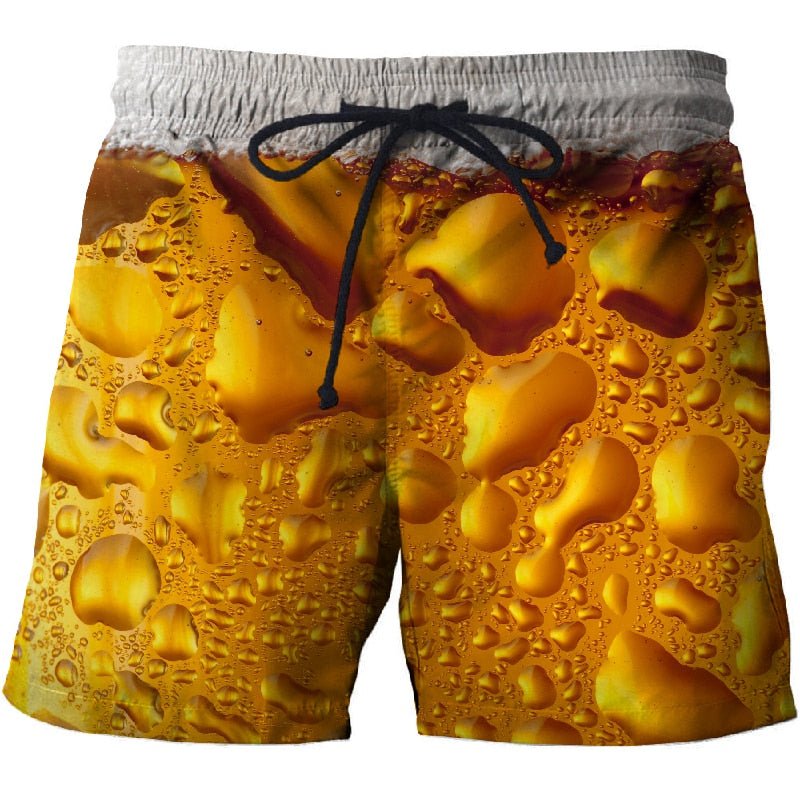 Men's casual beach board shorts featuring a vibrant beer print pattern in quick-dry polyester fabric — view 3