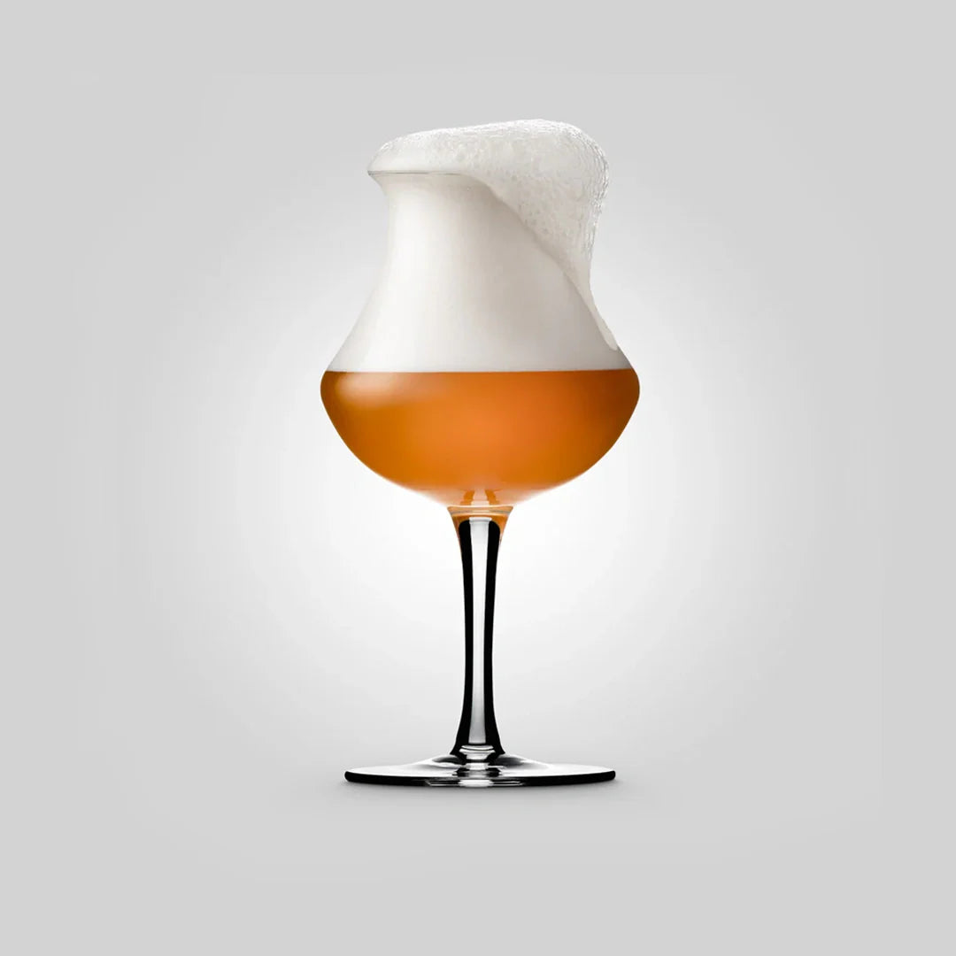 Handmade clear glass stemmed craft beer tasting snifter showcasing an elegant aroma enhancing bowl design