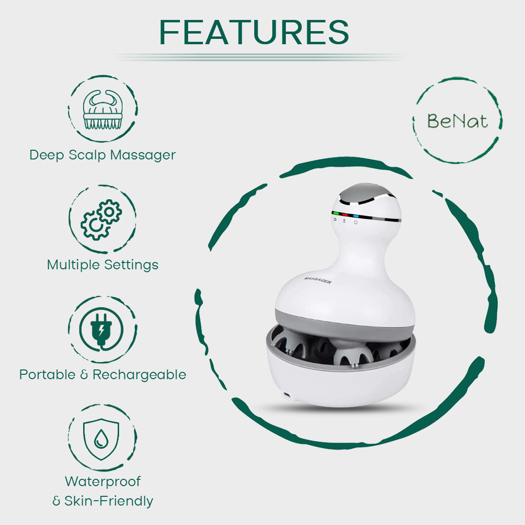 White smart scalp massager with soft silicone nodes and USB charging base — view 3