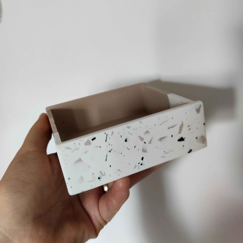 Handmade half terrazzo sticky note holder made of smooth eco friendly Jesmonite for desk organization — view 5