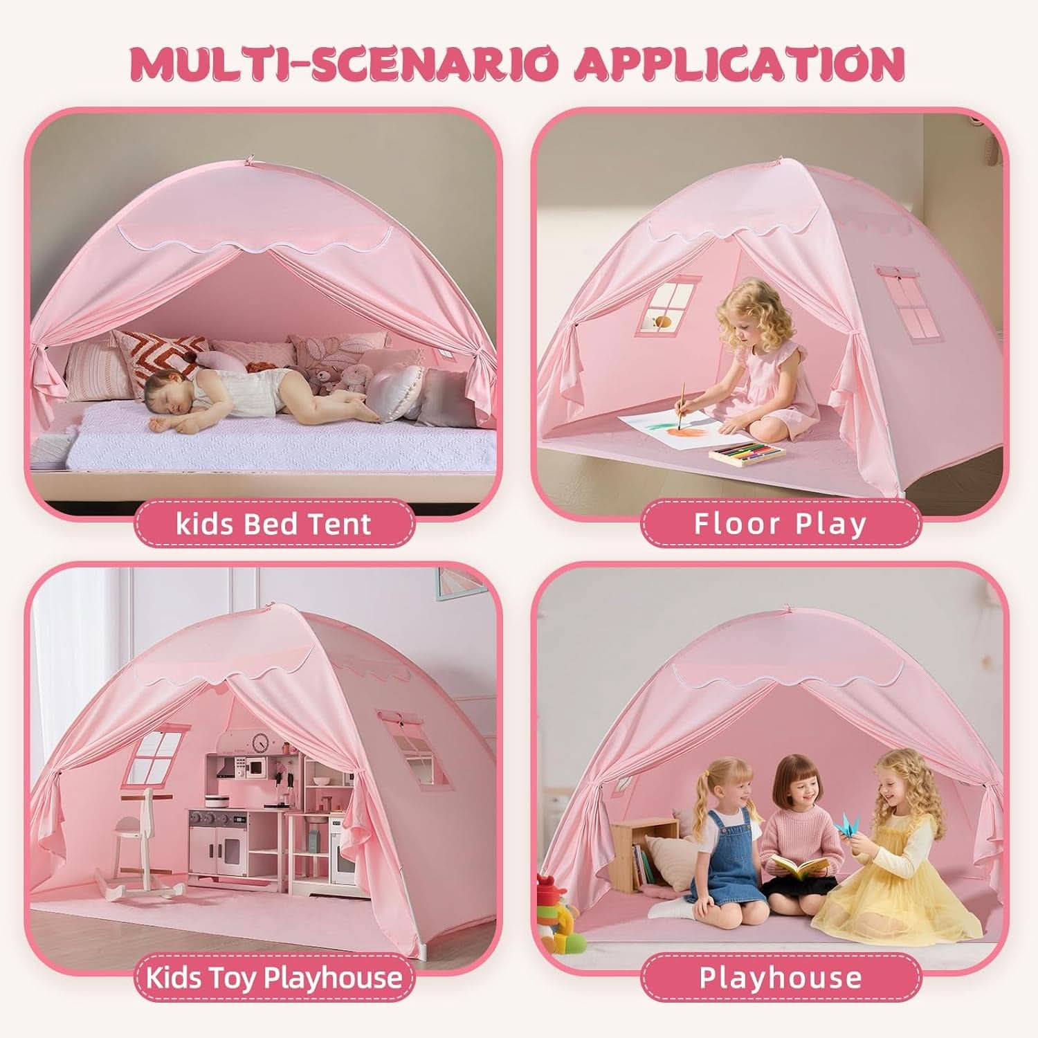 Pink toddler bed tent canopy over a twin mattress, with starry night lights and tieback doors — view 3