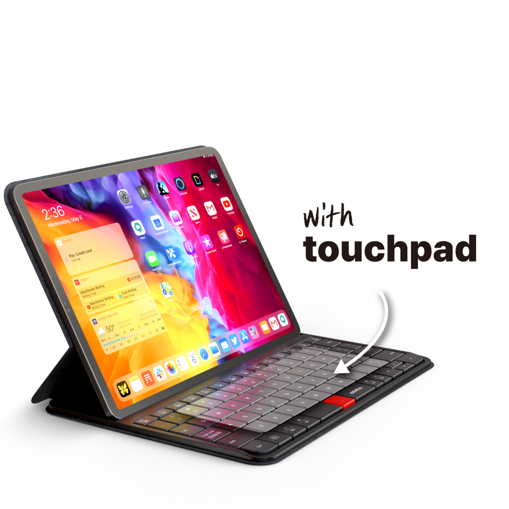 Slim black Mokibo Fusion Keyboard and protective cover attached to a 12.9-inch iPad Pro