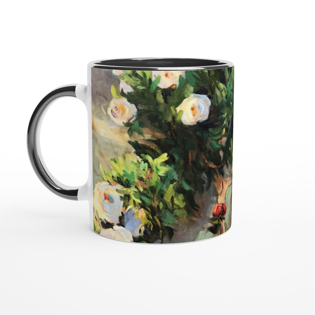 11oz White Ceramic Mug with Color Inside | Coffee Cup with 'Vining White Roses' Floral Artwork by American Artist Barbara Cleary-0