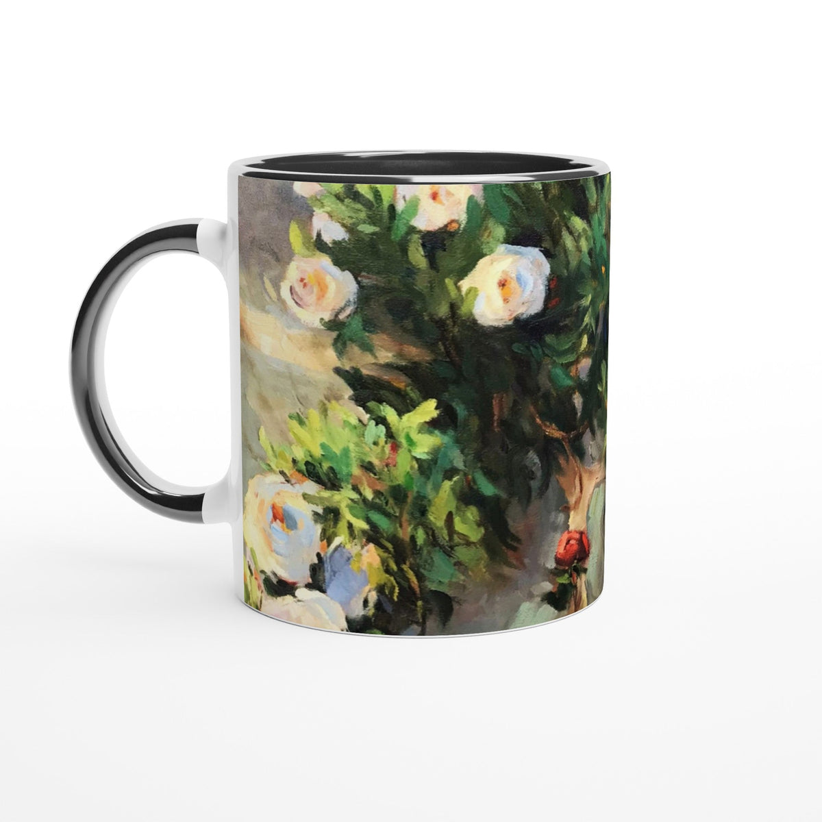 11oz White Ceramic Mug with Color Inside | Coffee Cup with 'Vining White Roses' Floral Artwork by American Artist Barbara Cleary-0