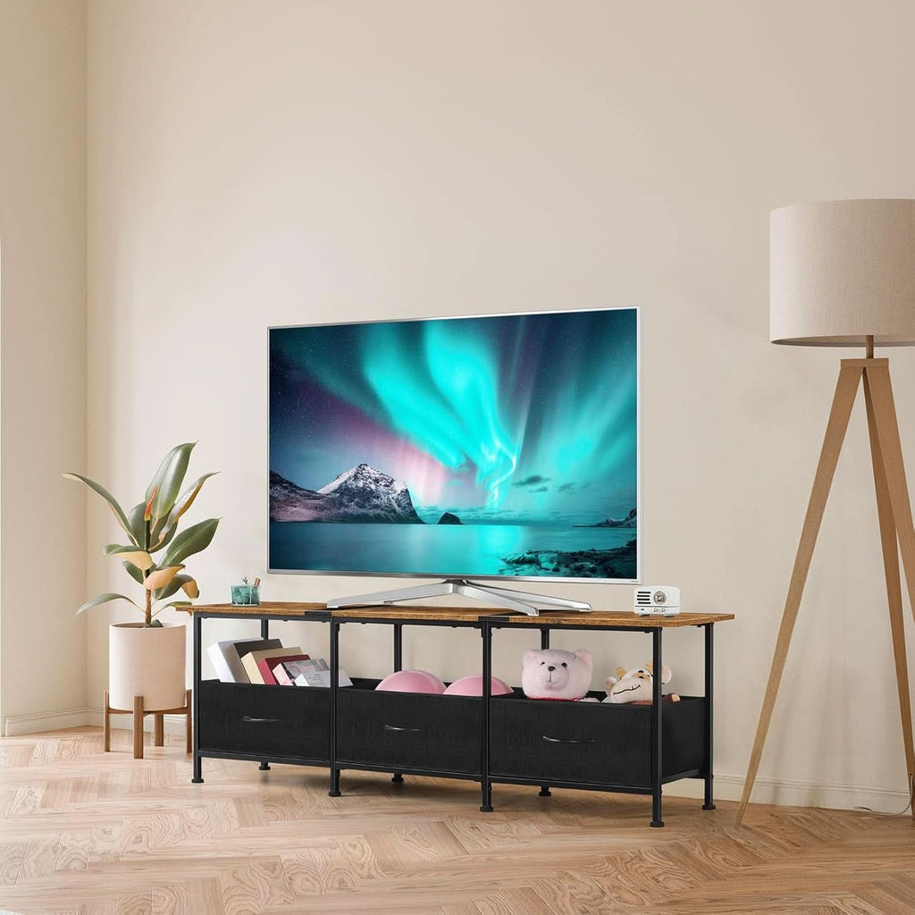 Brown industrial TV stand with metal frame, wood top, open shelves, and fabric storage drawers. — view 5