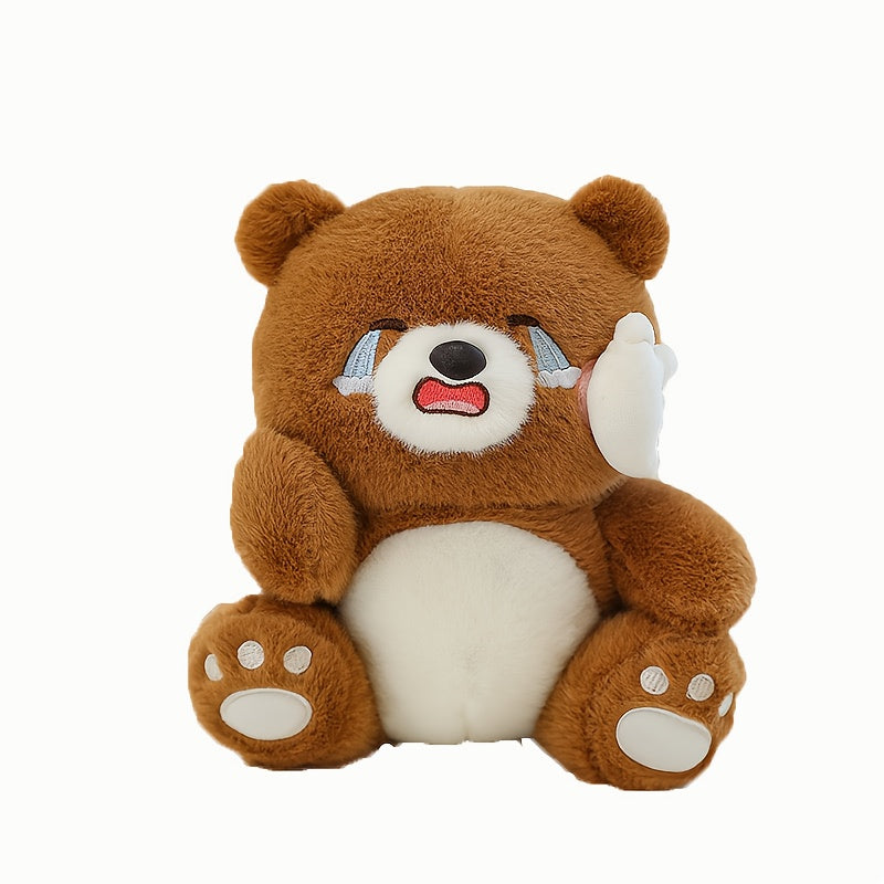 Tan happy crying bear plush toy made of soft polyester for kids and valentines gifting