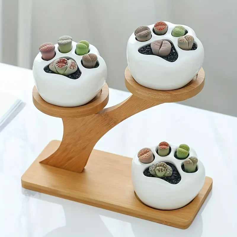 Wooden freestanding plant stand with natural finish holding multiple flower pots and Bonsai trees — view 2