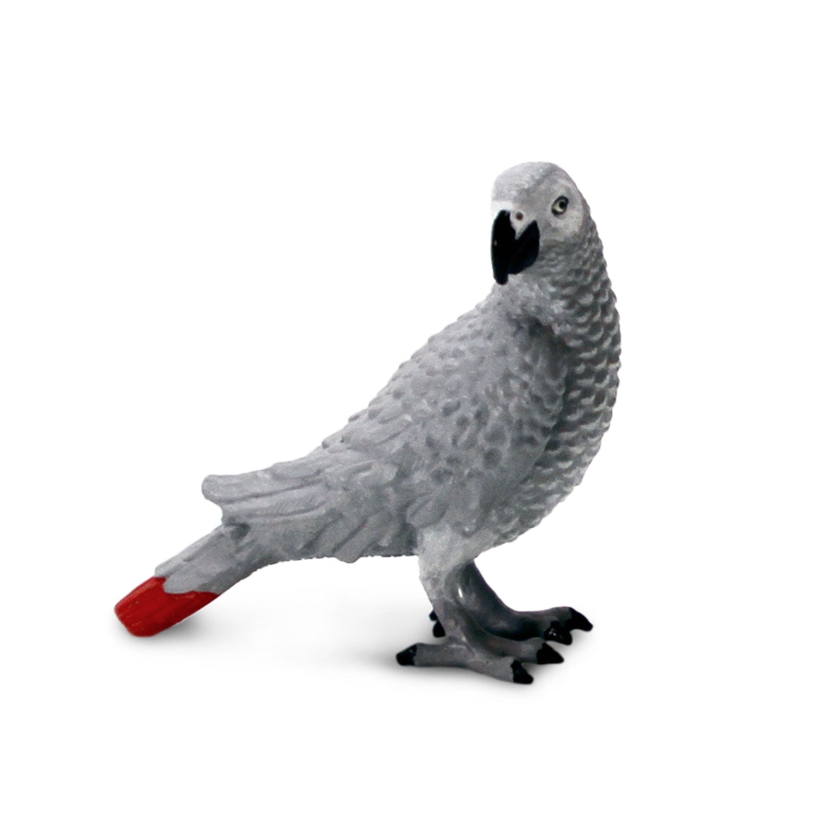 Detailed African Gray Parrot toy figure with gray feathers, red tail, and black beak